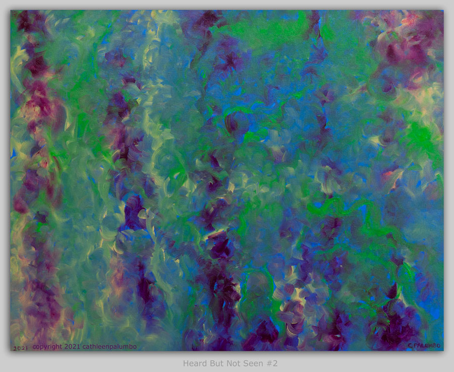Abstract painting in magenta, green, blue, yellow.
